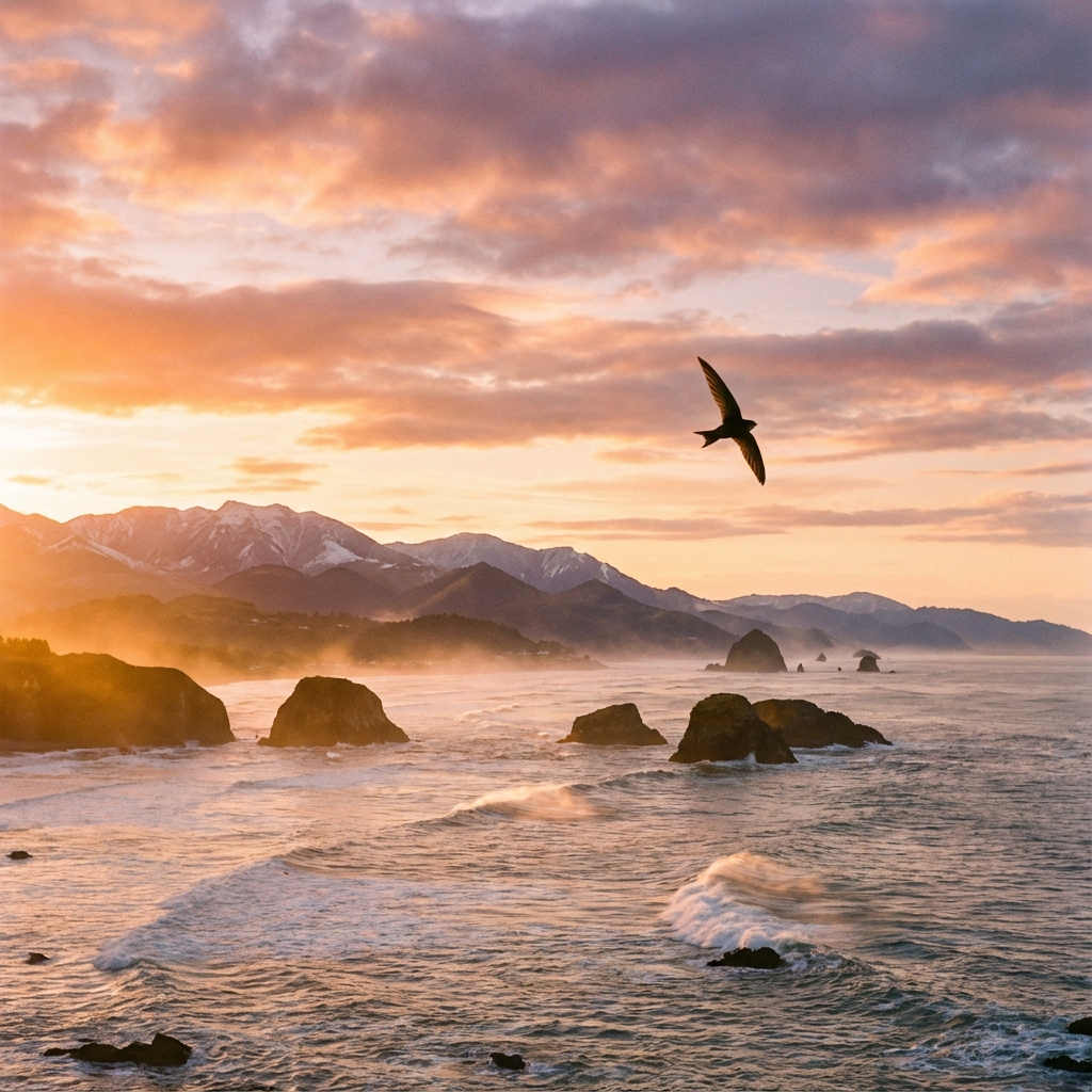 A swift above the ocean, coastal rocks, and mountains at sunset